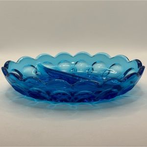 Vintage Anchor Hocking Fairfield Pattern Laser Blue Glass Divided Oval Dish 70’s